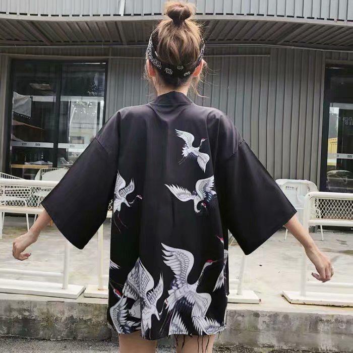 Áo Khoác Kimono Tay 3 / 4 Họa Tiết Chim Hạc Thời Trang