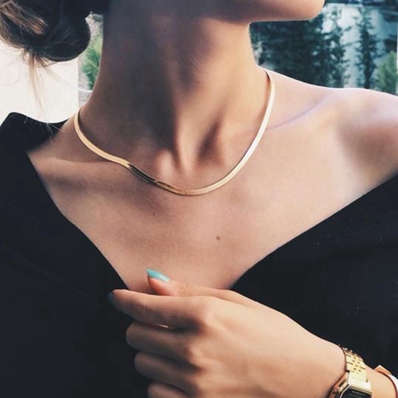 Gold Blade chain Choker Necklace /Gold Silver Color Flat Herringbone Choker /Women Flat  Snake  Necklace /Layer Lobster Buckle Gold Choker