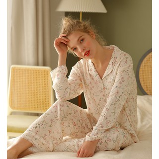  After Bath - Bộ Pyjama Hoa Tay Dài Đồ Ngủ Mặc Nhà   Floral In Beige PJ Set  PJ044 