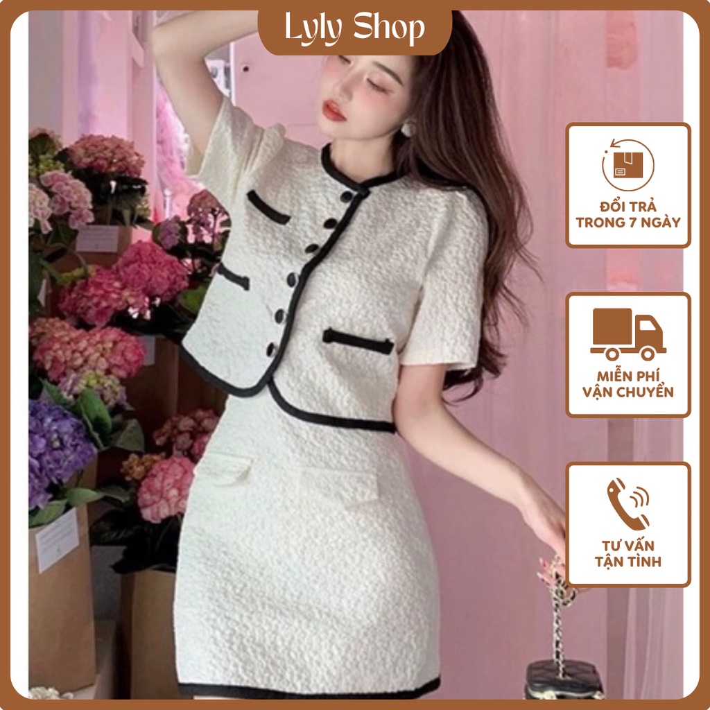 SET ÁO CROP XỐP TRẮNG VIỀN ĐEN + CHÂN VÁY TÚI NẮP