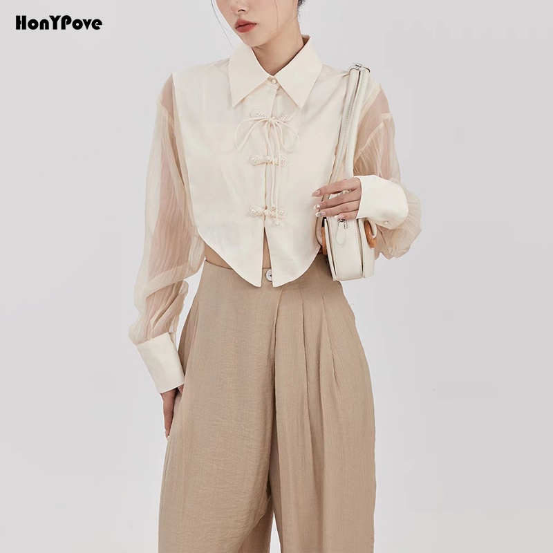 Honypove Áo Sơ Mi Mỏng Tay Dài Dáng Ngắn Phong Cách Retro Dành Cho Nữ