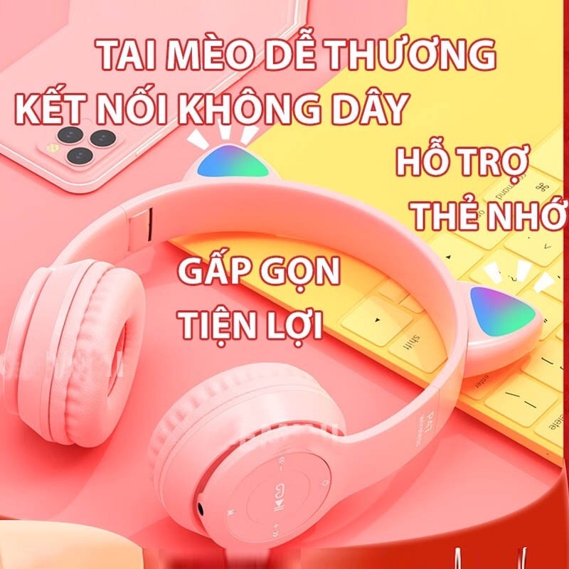 Tai Nghe Mèo Bluetooth P47M PKH470 Chụp Tai, Tai Mèo Dễ Thương Có Mic, Âm Bass Mạnh, Nghe Cực Hay