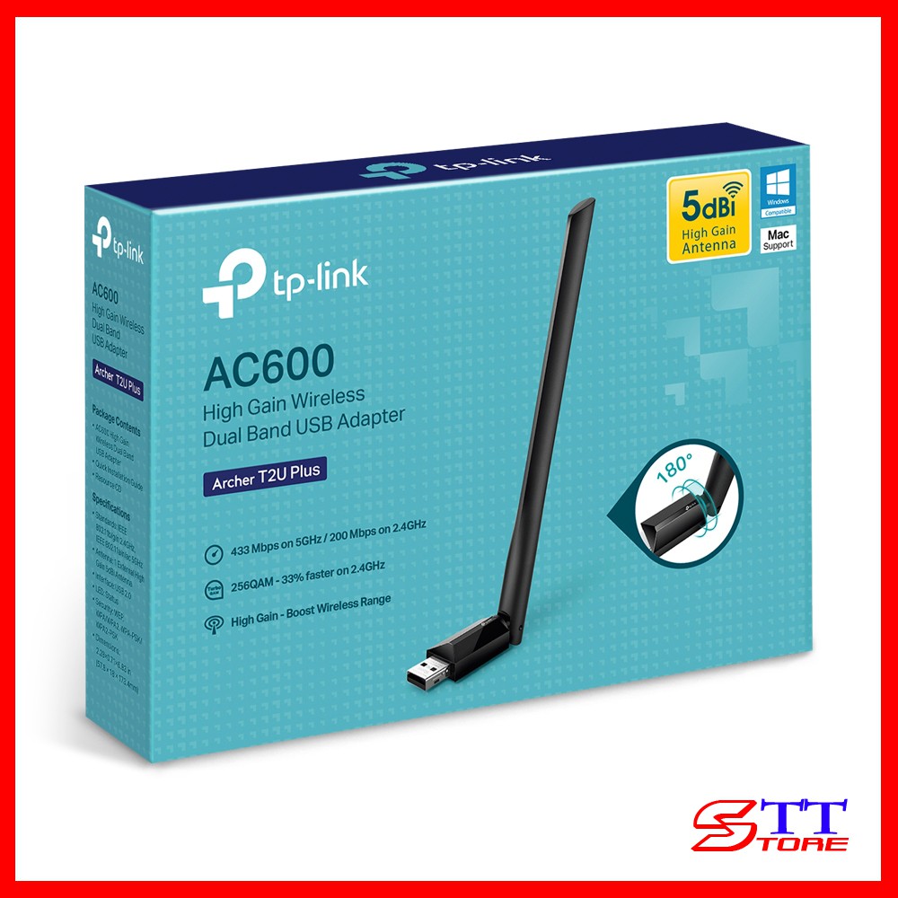 USB Thu Sóng Wifi TP-LINK Archer T2U Plus Bộ Chuyển Đổi USB Wi-Fi Băng Tần Kép AC600 - Hàng Chính Hãng