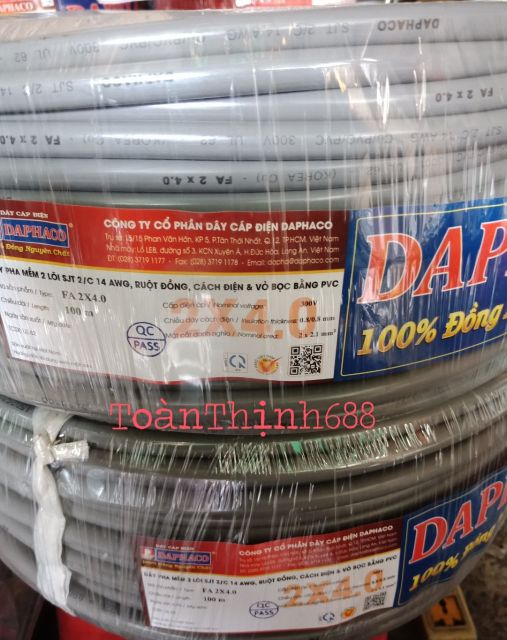 10mét Dây điện đôi 2x4.0 Daphaco - dây pha tròn xám 2 lớp vỏ bọc PVC