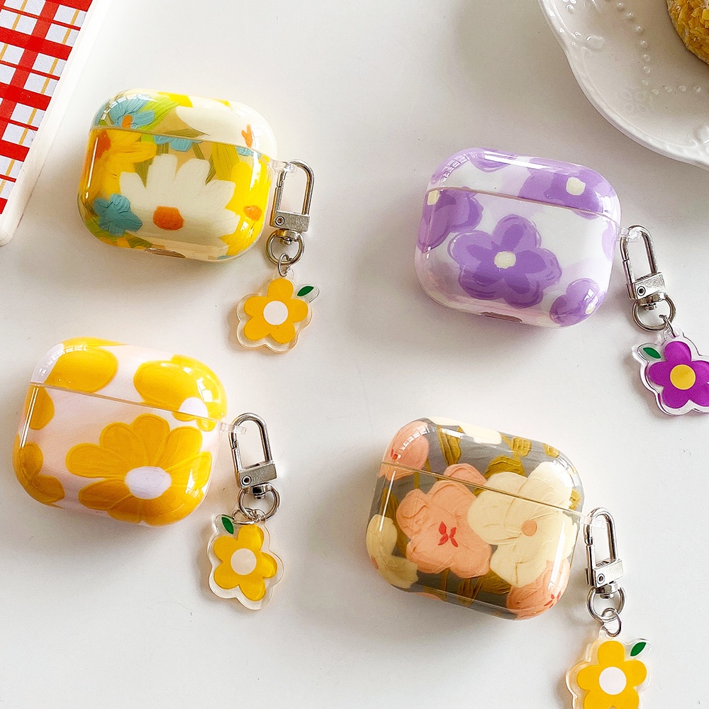 Vỏ Bảo Vệ Hộp Sạc Tai Nghe Airpods 3 1 2 pro Bằng Silicon Họa Tiết Hoa Tím Xinh Xắn Kèm Móc Treo Tiện Dụng