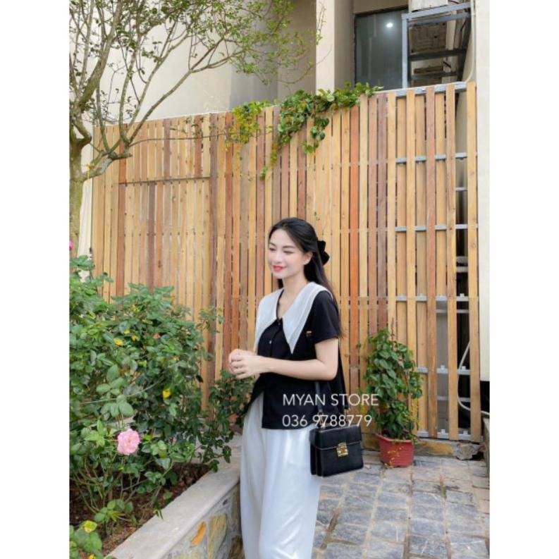 SET ÁO SƠ MI ĐEN CỔ PITER TRẮNG TẦNG MIX QUẦN SỚ TRẮNG