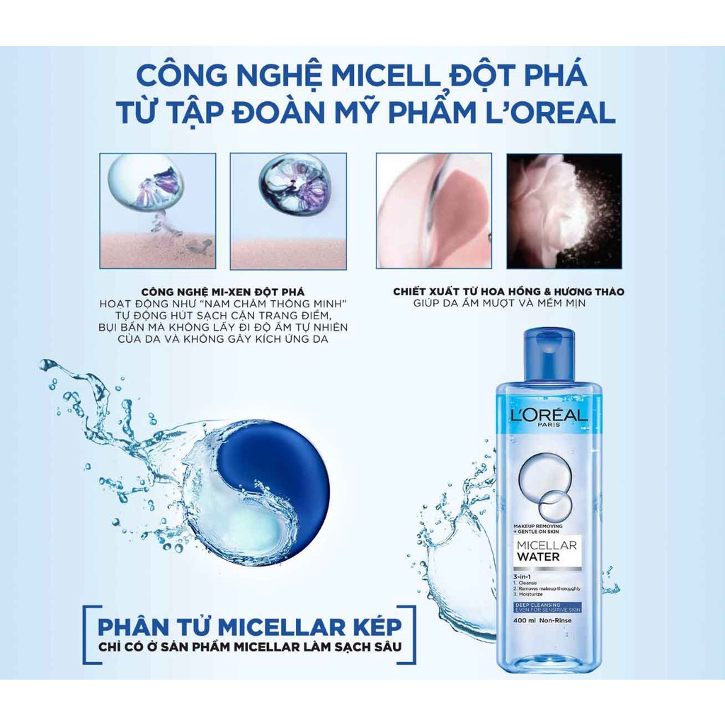 Nước tẩy trang cho mọi loại da L'Oreal Paris 3-in-1 Micellar Water 30ml