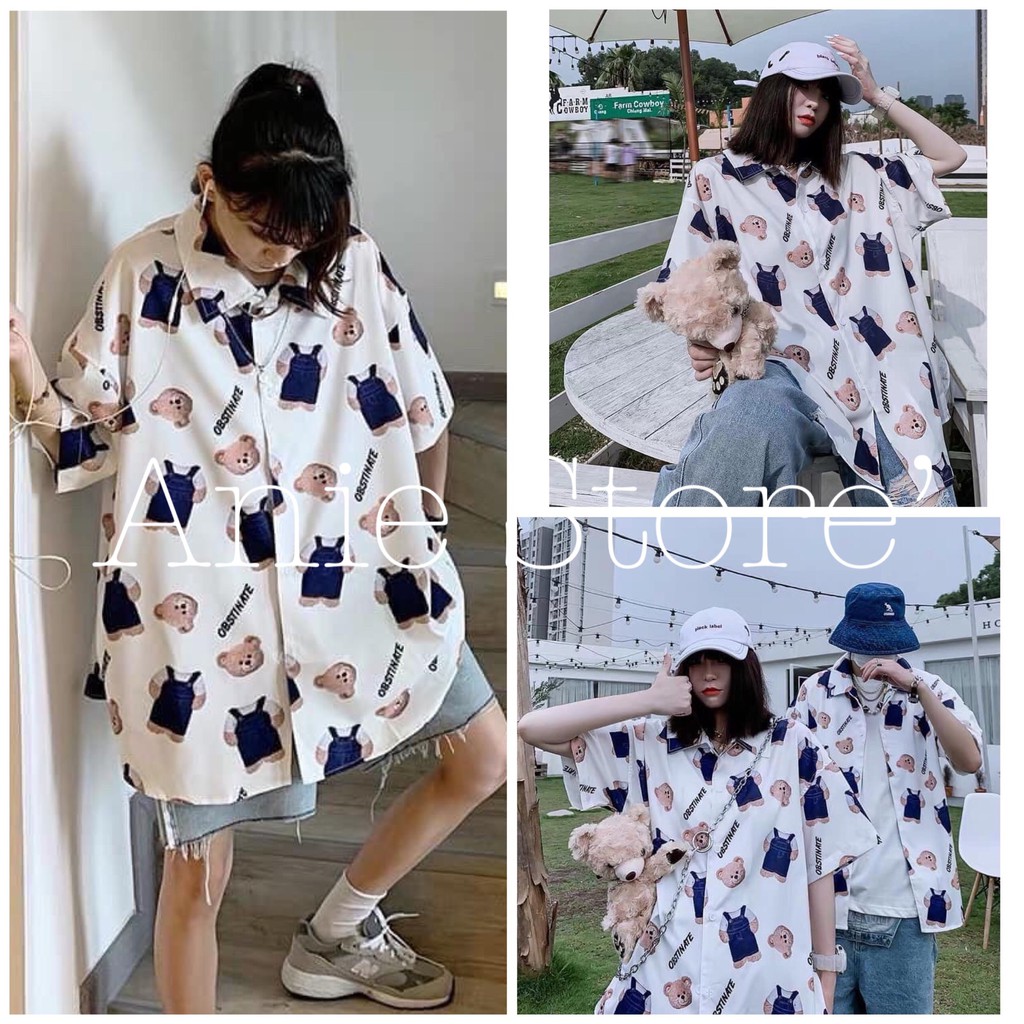 Áo Sơ Mi Cộc Tay Gấu Mặc Yếm 🦋 Áo Somi Unisex Dáng Rộng Ngắn Tay 🦋