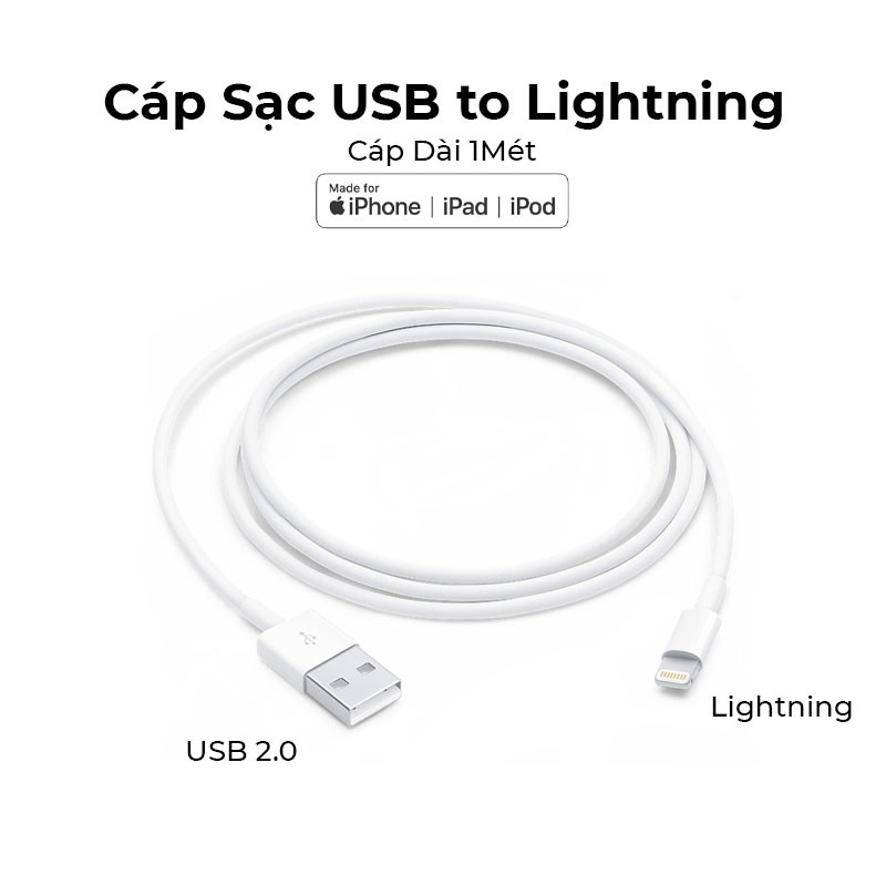 Bộ Cáp Sạc Lightning Chính Hãng Apple Dùng Cho iPhone, iPad, iPod, Cũ Sạc Zin (5V/1A), Cáp Zin USB to Lightning Dài 1M