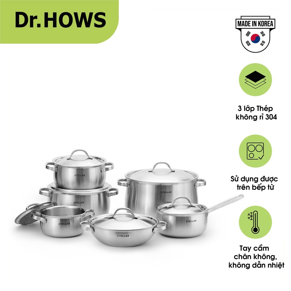 Bộ nồi Inox 3 lớp Full set Dr.HOWS Stella 6 món