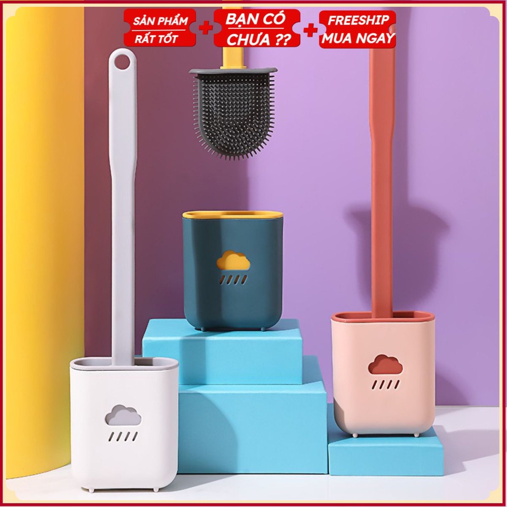 PVN32525 Cọ vệ sinh toilet bồn cầu, nhà tắm hình đám mây bằng silicon cao cấp kèm hộp treo tường chắc chắn 38*4*10 cm T2