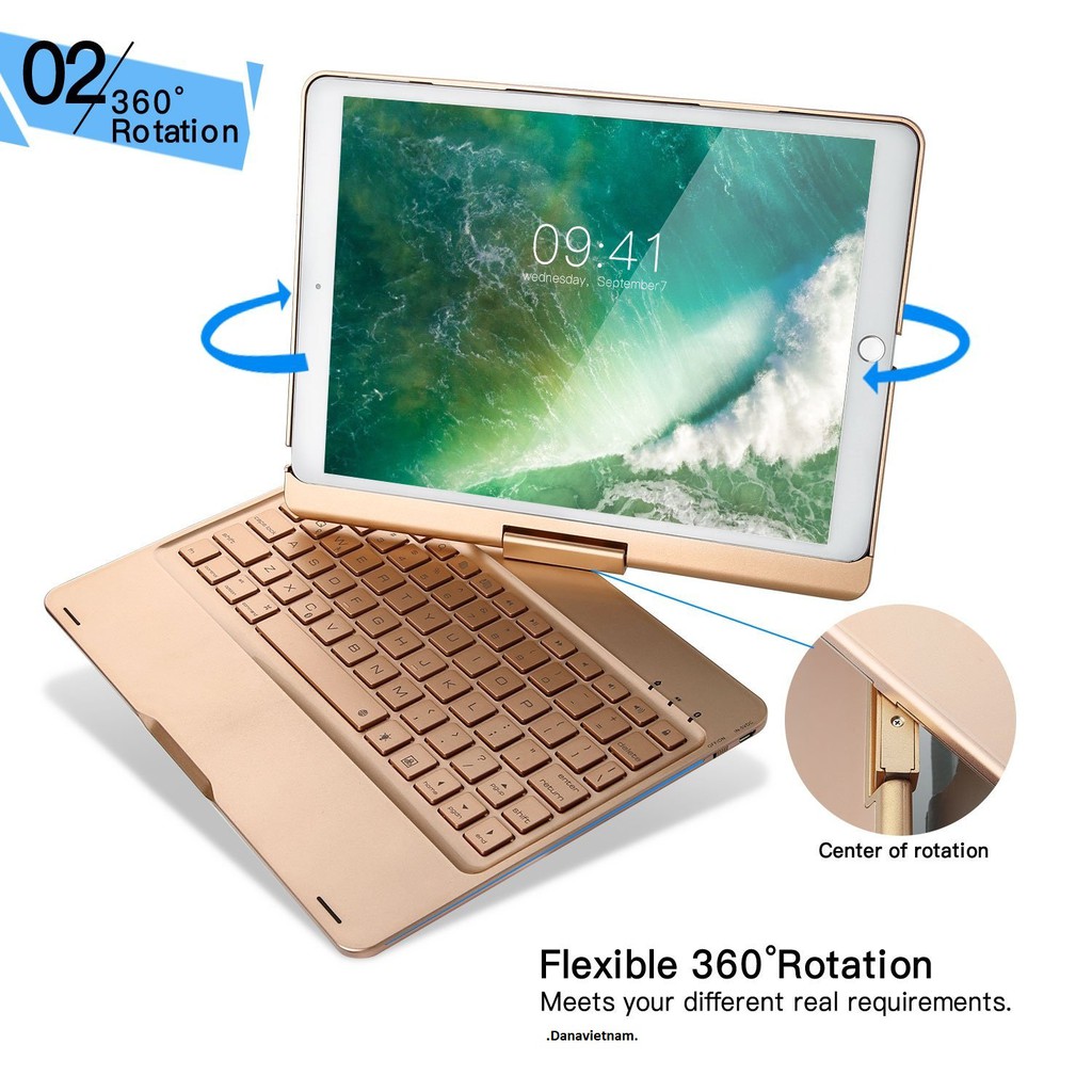Bàn phím bluetooth kiêm ốp lưng F360 cho iPad Pro 10.5'' xoay 360 độ (Gold) tặng đèn USB siêu sáng