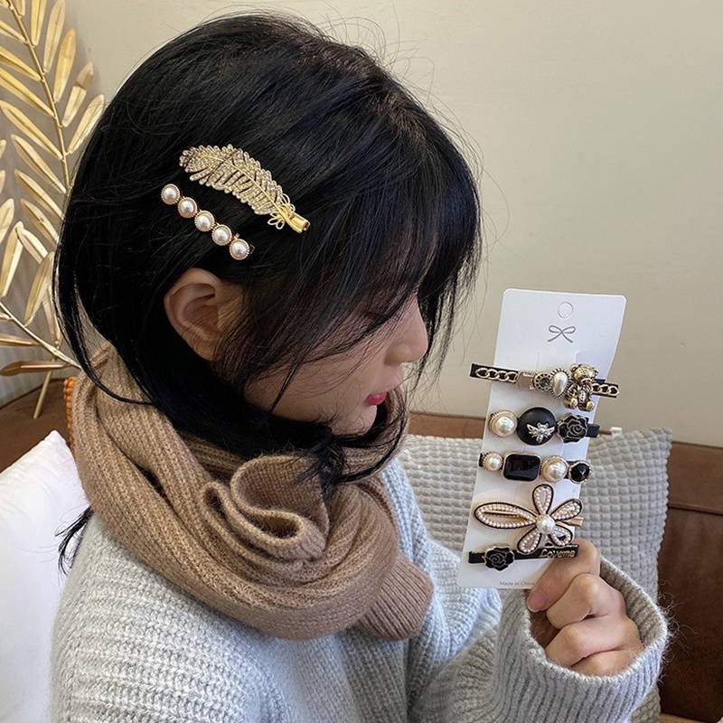 1 Set Kẹp Tóc Hình Gấu/Mèo Đính Đá Ngọc Trai Nhân Tạo Phong Cách Hàn Quốc Cổ Điển