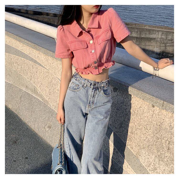 Pink Denim Short-sleeved Shirt Summer INS New Korean Version of the Slim Wild Slim Short Tops