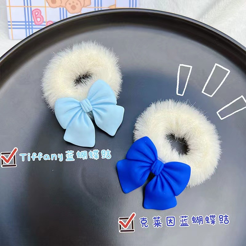 Dây buộc tóc đính nơ vải lông màu xanh dương dễ thương