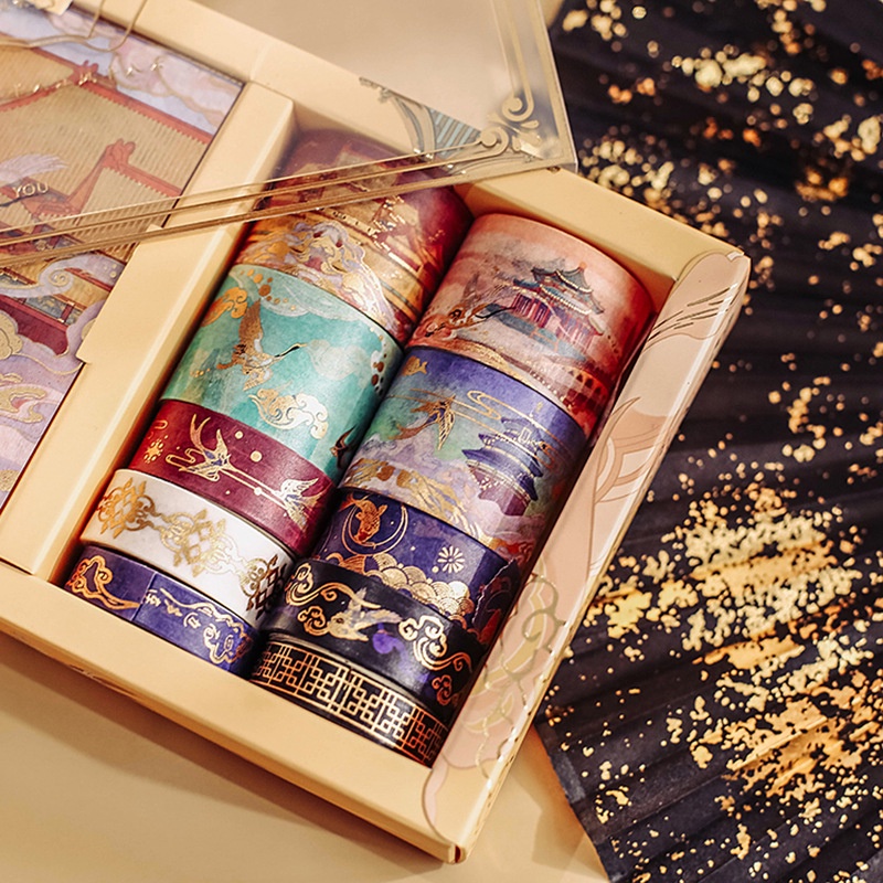 Bộ 10 cuộn washi tape cổ trang x 10 sticker - Lộc Minh Cửu Thiên