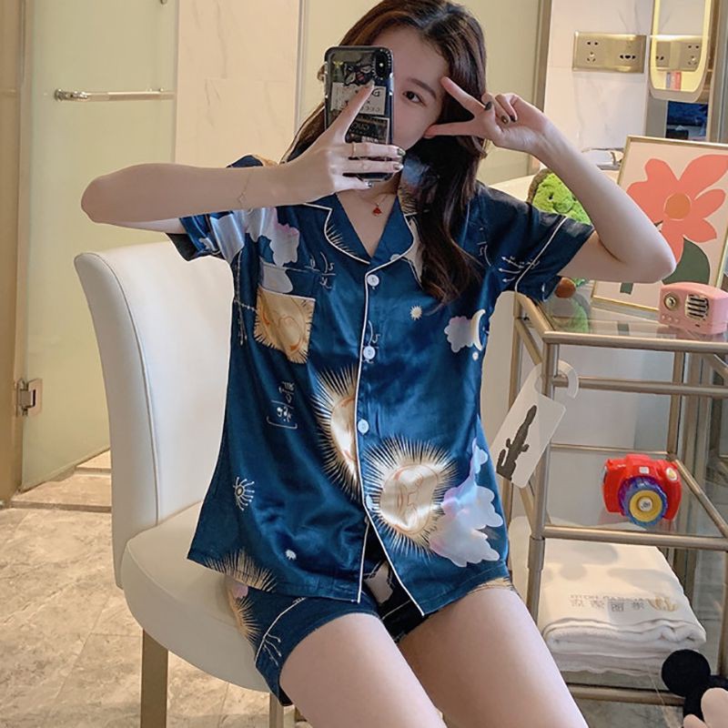 Bộ Đồ Ngủ Ngắn Tay In Họa Tiết Xinh Xắn Độc Đáo Cho Nữ