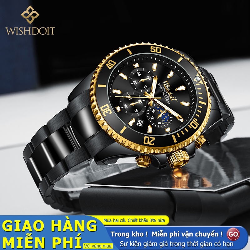 Đồng Hồ Nam WISHDOIT Thạch Anh Vàng Dây Thép Không Gỉ 100% Chính Hãng Chống Thấm Nước Phong Cách Doanh Nhân Màu Đen