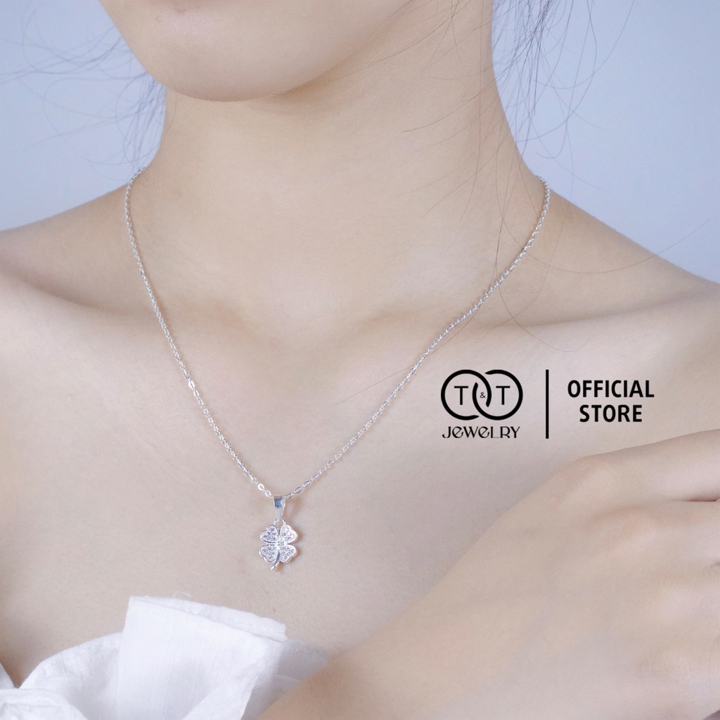 Dây chuyền Bạc nữ Hoa Bốn Lá s925 Mặt Đá Tròn T&amp;T Jewelry cao cấp DC04