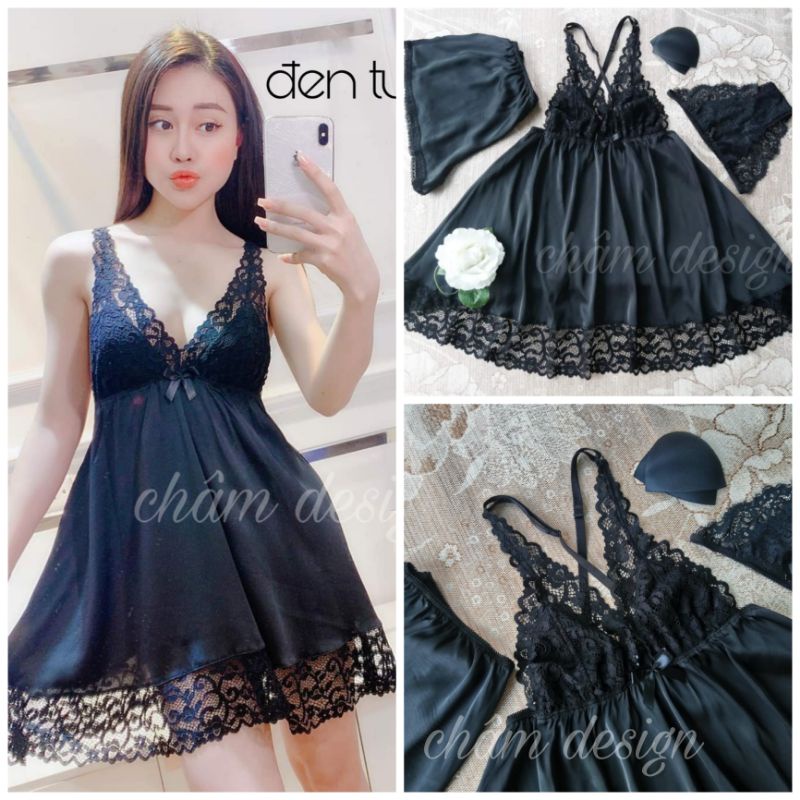 váy ngủ lụa satin đen chân ren độc lạ, hàng thiết kế độc quyền