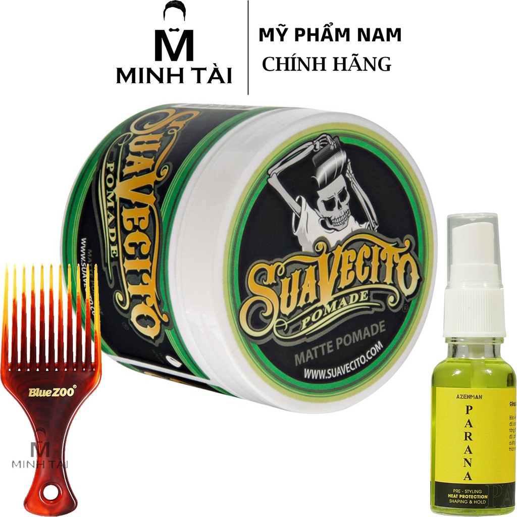 Sáp Vuốt Tóc Nam SUAVECITO Matte Pomade 113Gr Hàng Chính Hãng + Xịt Dưỡng Tóc AZENMAN Parana 20ml + Lược Chải Tóc Pomade