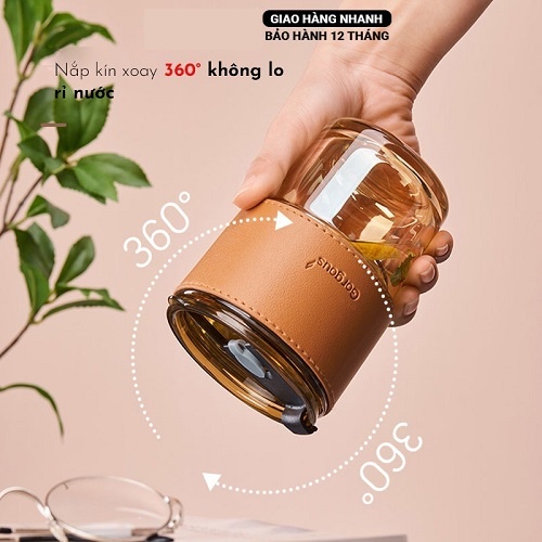 Cốc thủy tinh bọc da chịu nhiệt màu hổ phách GorGous, ly uống nước nắp kín kèm ống hút cao cấp 420ml