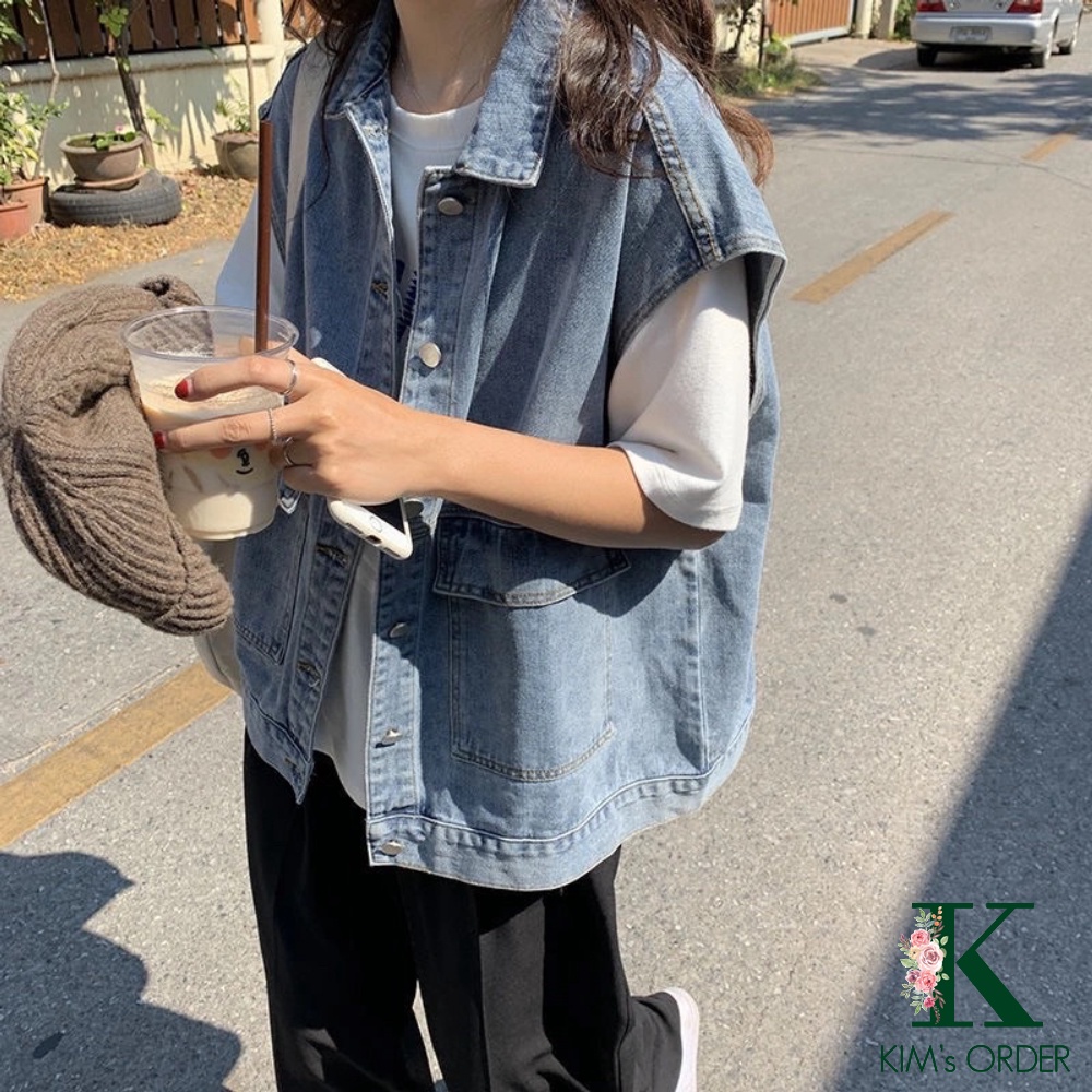 Áo khoác jean nữ màu xanh dáng rộng kiểu dáng denim jacket sát nách phong cách Ulzzang, đi học đi chơi dạo phố du lịch