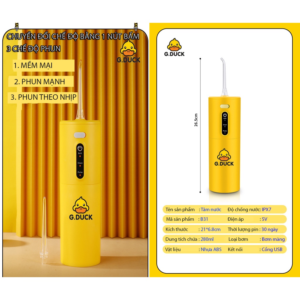Máy Tăm Nước Nha Khoa Rửa Răng Cầm Tay Tiện Lợi Kèm Đầu Tăm Nước Làm Sạch Bẩn Trong Răng Nhanh Chóng G.Duck Kids