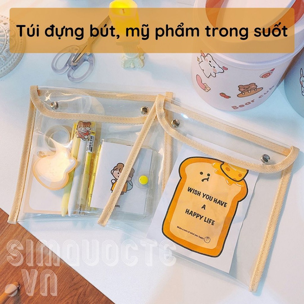 Túi đựng bút mỹ phẩm trong suốt hình vuông có hai nút bấm TN04