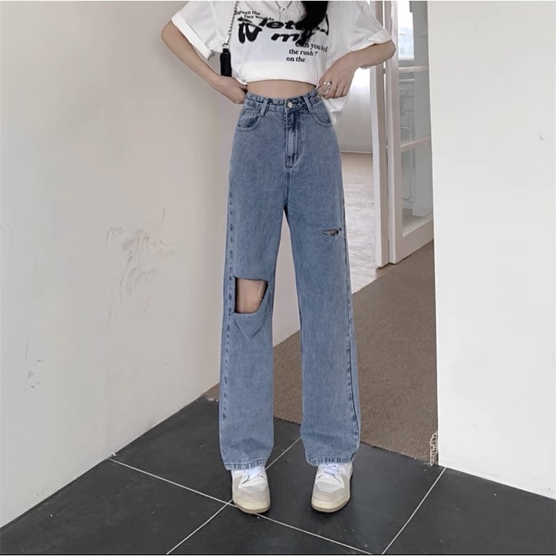 Quần Jeans Ống Suông Lưng Cao Catty Bigsize, Quần Ống Rộng Lưng Cao bigsize nữ xanh đá rách dễ thương