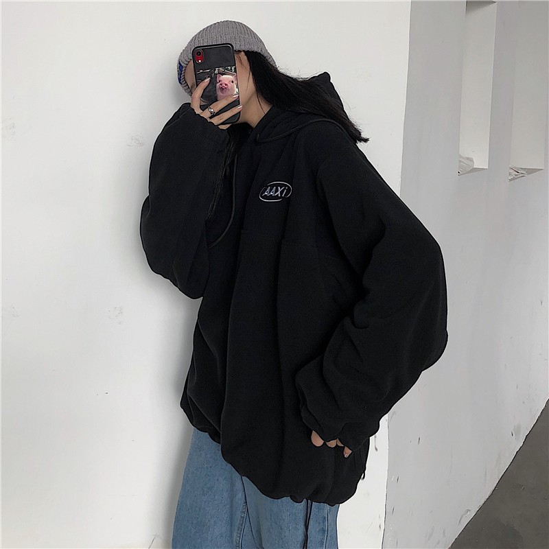 Áo hoodie nữ form rộng dày dặn lông cừu AAxi mũ 2 lớp màu xanh lá đậm, màu đen, chất đẹp