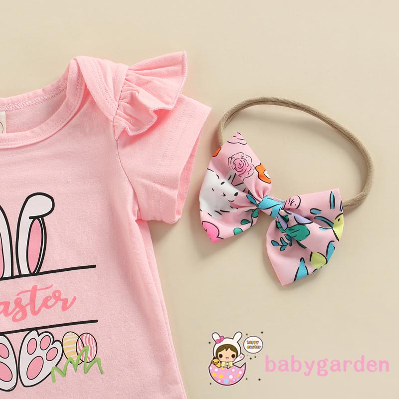 Bộ áo liền quần ngắn tay kèm quần short nhiều lớp và băng đô in hình thỏ đáng yêu dành cho bé gái