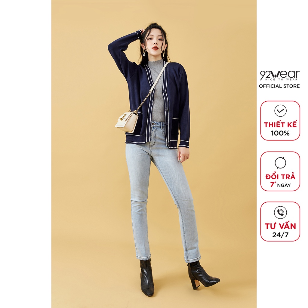 Áo len cardigan nữ dài tay phối viền 92WEAR, chất len cao cấp, co giãn tốt KLA0068 | BigBuy360 - bigbuy360.vn