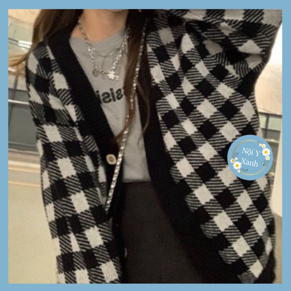 áo khoác len cardigan dáng cao hoa lá caro đen và trắng chất len lông thỏ dày đẹp A149 noiyxanh hot trend, phom đẹp, chấ