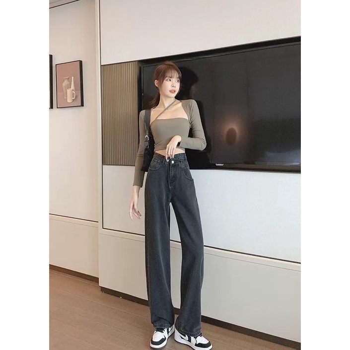 [ SIÊU NGÔNG ] QUẦN JEANS ỐNG RỘNG NỮ LƯNG CAO PHỐI CẠP CHÉO TRƯỚC LƯNG LAI CUỐN MÀU XÁM NHẠT CAO CẤP NITI SIÊU HOT HIT