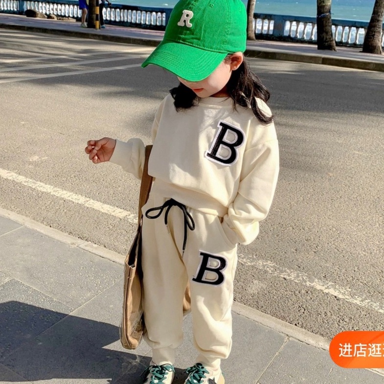 Đồ bộ bé gái, Set quần áo thu đông phông nỉ thêu chữ B cho bé gái từ 7 đến 18 kg, SUN KID'S
