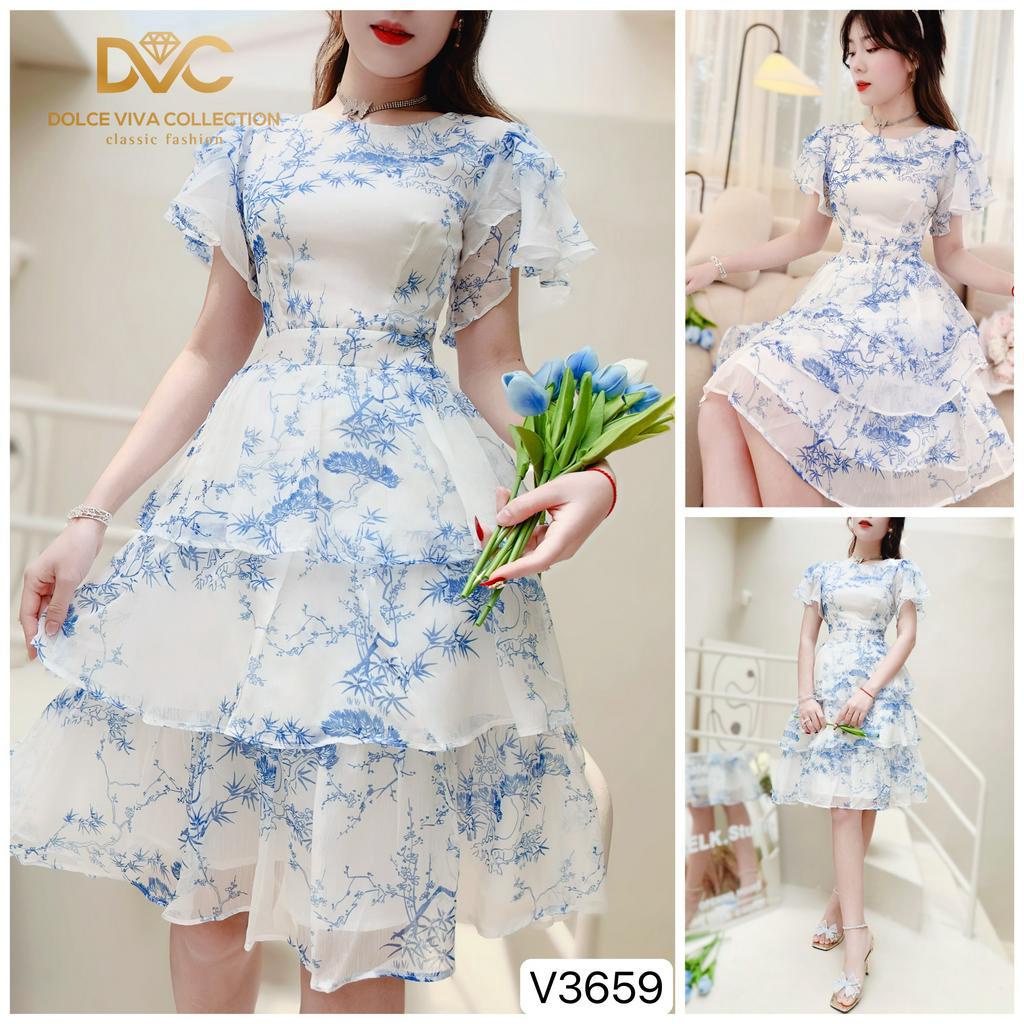 VÁY VOAN TẦNG HỌA TIẾT CÂY LÁ XANH TIỂU THƯ V3659 - DVC