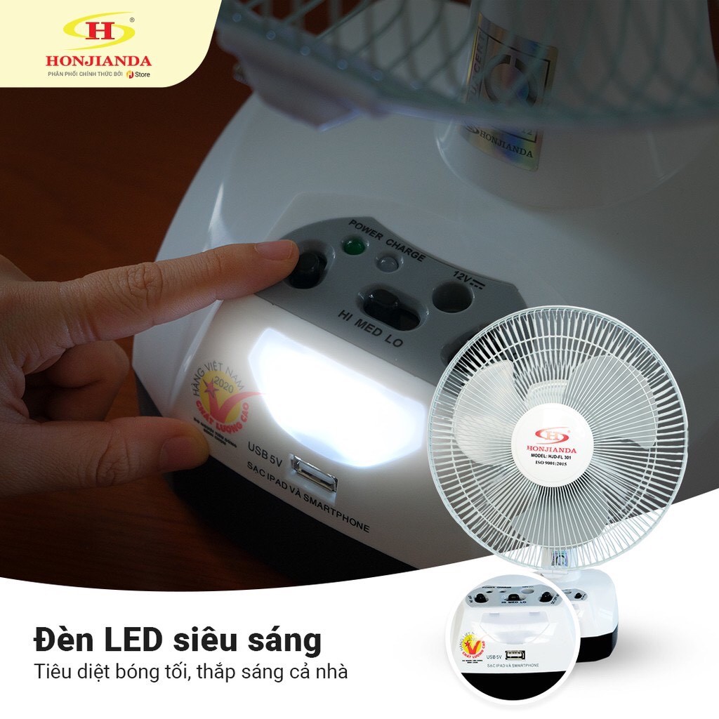 (Nhà Phân Phối) Quạt sạc tích điện để bàn AC&DC 12 inch Honjianda FL301 1/2b bình - có đèn ngủ LED & USB