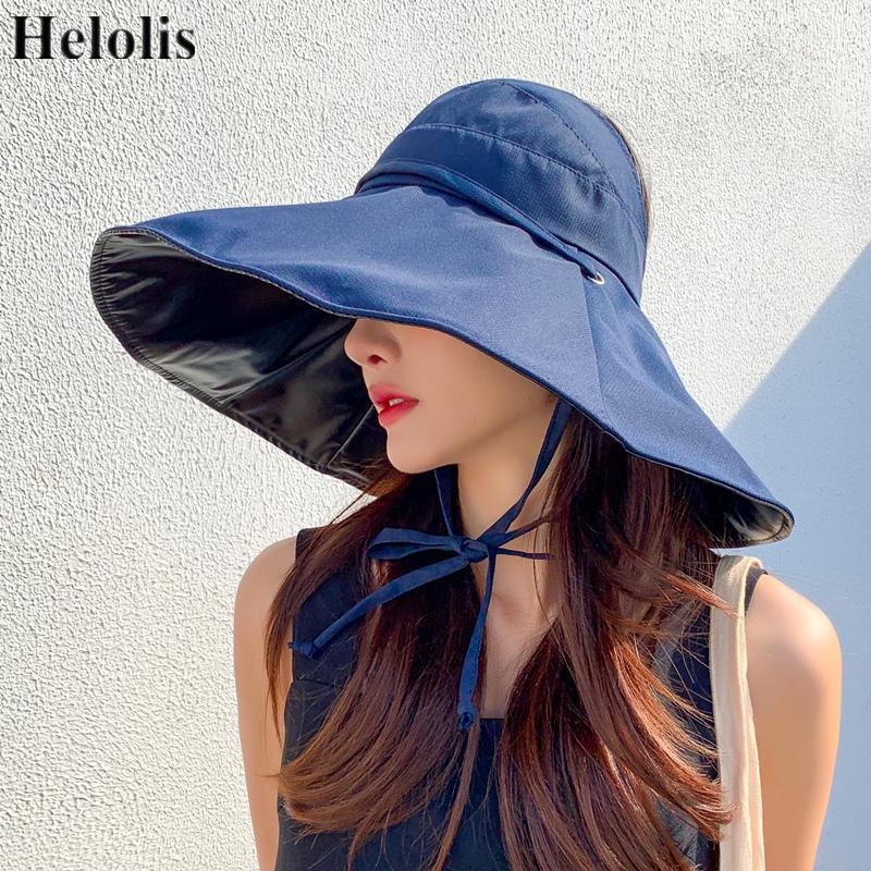 Mũ chống nắng Helolis vành rộng hở đầu màu đen chống tia UV có thể gấp gọn thời trang đi biển mùa hè dành cho nữ