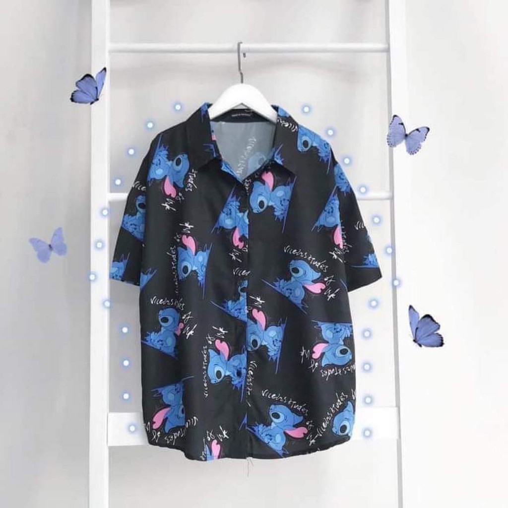 Áo sơ mi Stitch tay lỡ in họa tiết vải lụa nam nữ Unisex tay lỡ, form rộng, thoáng mát, thấm hút, không nhăn