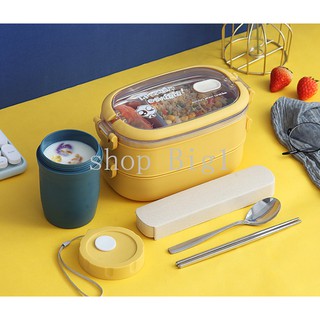 【Cốc +Thìa đũa 】Hộp Cơm Chia Ngăn Cách Nhiệt 2 Tầng Inox