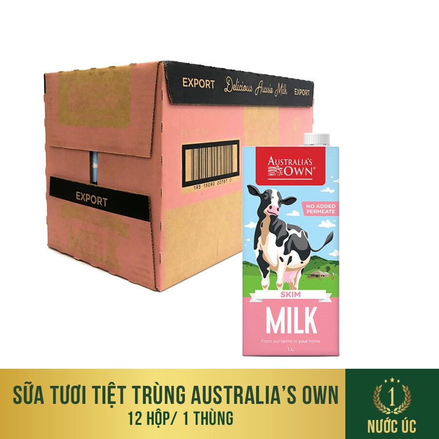 Thùng 12 hộp Sữa tươi Úc Australia's Own tách béo 1 Lít date tháng 8.2022