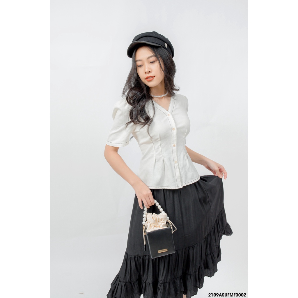 Áo kiểu phối viền cổ tim nữ FM style tiểu thư tay bông mặc đi chơi đi làm thanh lịch tiểu thư 210930050