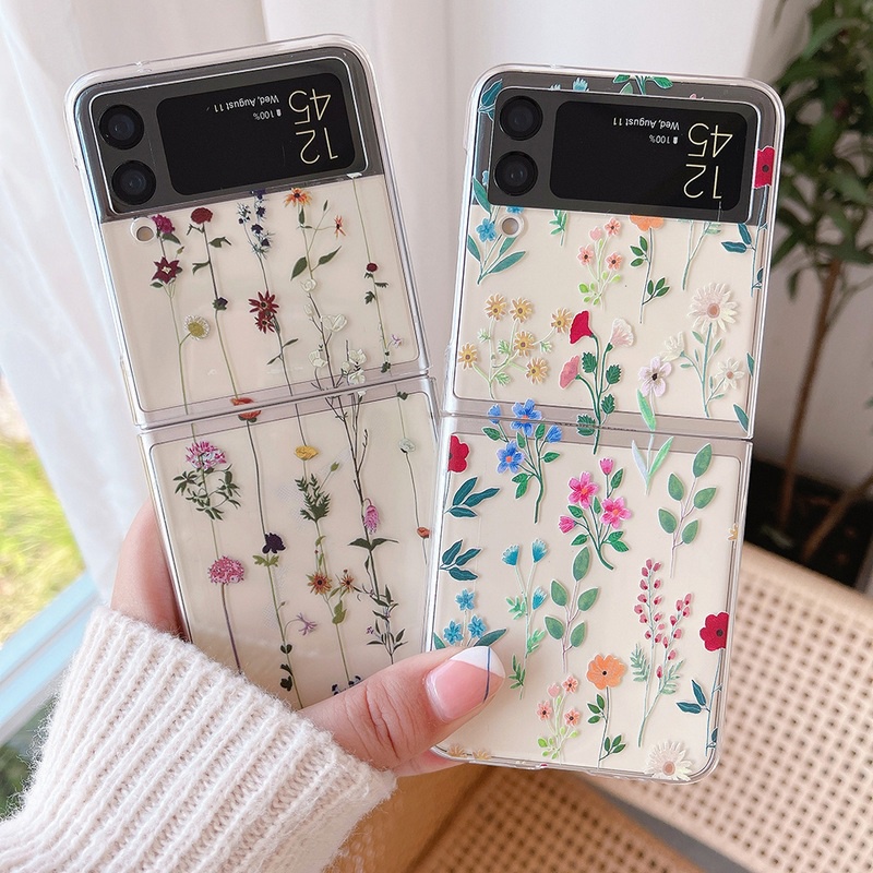 Z Flip6 Flip7 Vỏ Tranh Hoa Nhỏ Trong Suốt PC Cứng Flip Case Cho Samsung Galaxy Z Flip 7 6 5 4 3 5G Z