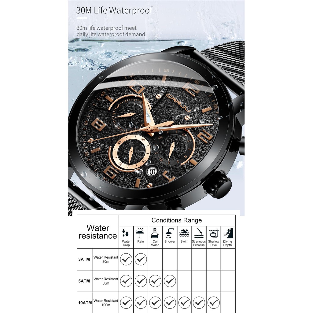 CRRJU Men's Watch Multifunctional Fashion Luxury Stainless Steel Waterproof Quartz Luminous 2289G