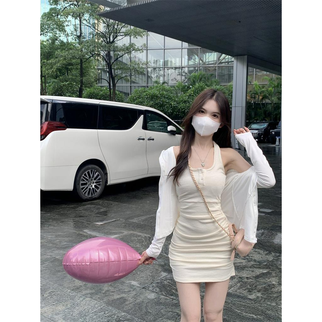 Áo Khoác Mỏng Chống Nắng / Đầm Hai Dây Dáng Ôm Viền Cong Thời Trang 62922