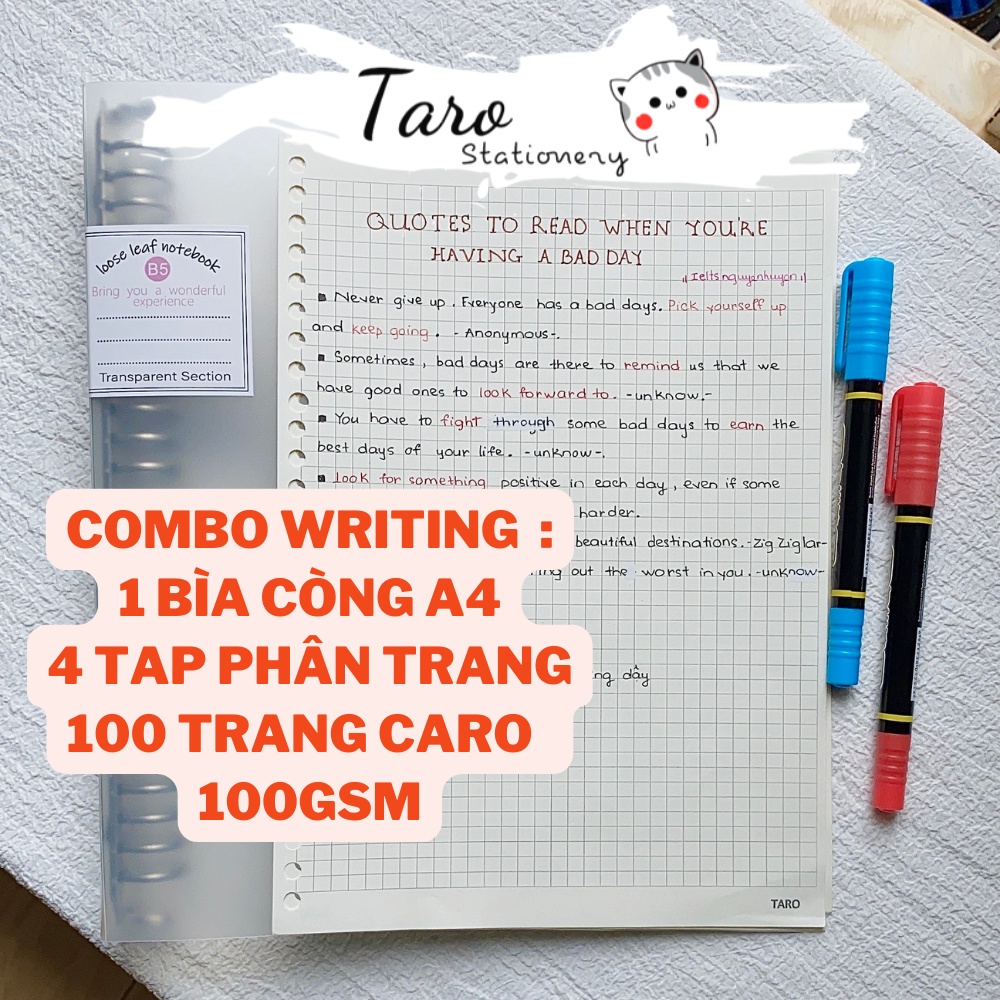 Combo Ielts Bìa sổ còng Sổ lò xo A5 B5 150 trang take note Taro Stationery