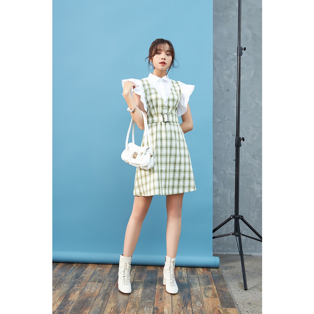 Đầm ngắn tay sọc caro phối áo trắng có đai DEW0565 - 92WEAR | BigBuy360 - bigbuy360.vn