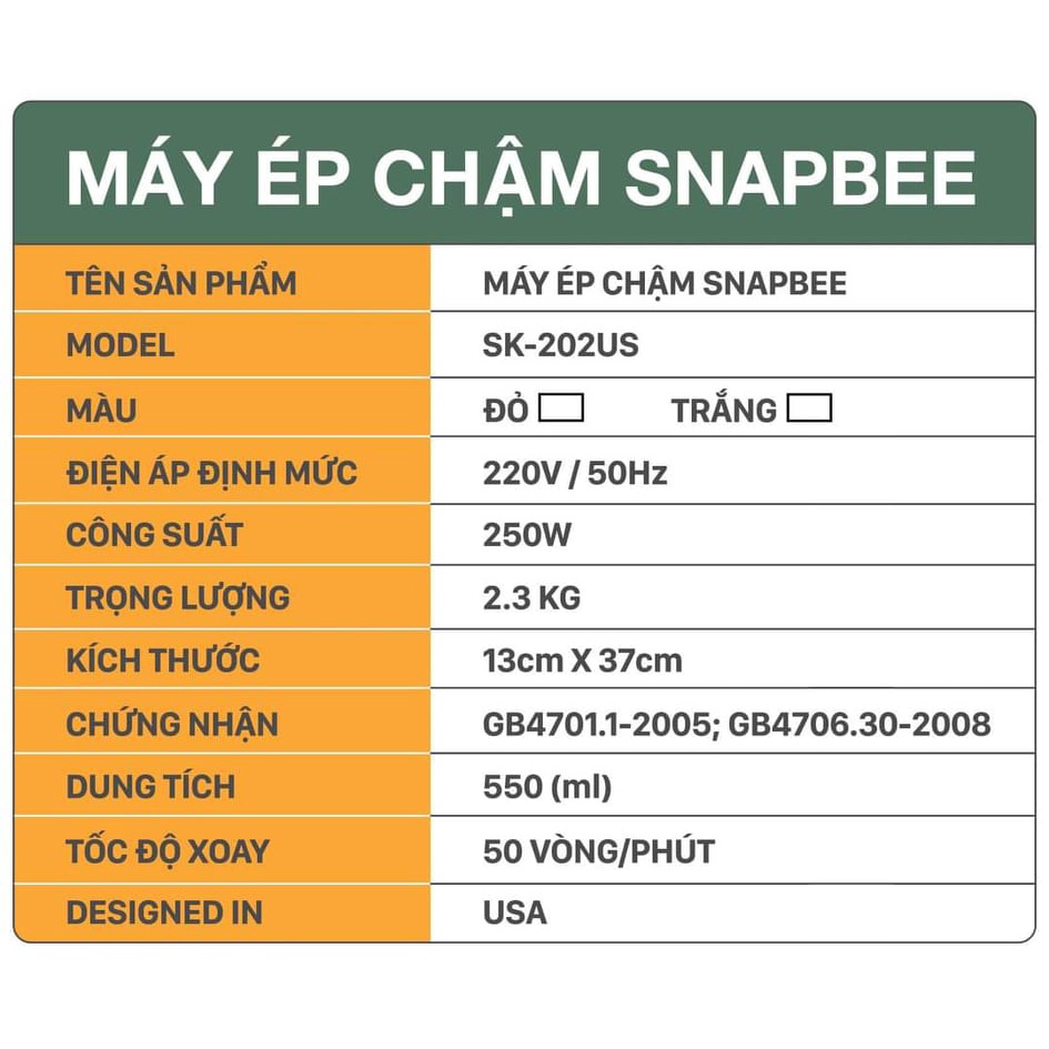 [Mã ELHA22 giảm 6% đơn 300K] [CHÍNH HÃNG] Máy Ép Chậm SnapBee SK 202US - Ép Trái Cây Hoa Quả, Siêu Kiệt Bã, Dễ Vệ Sinh