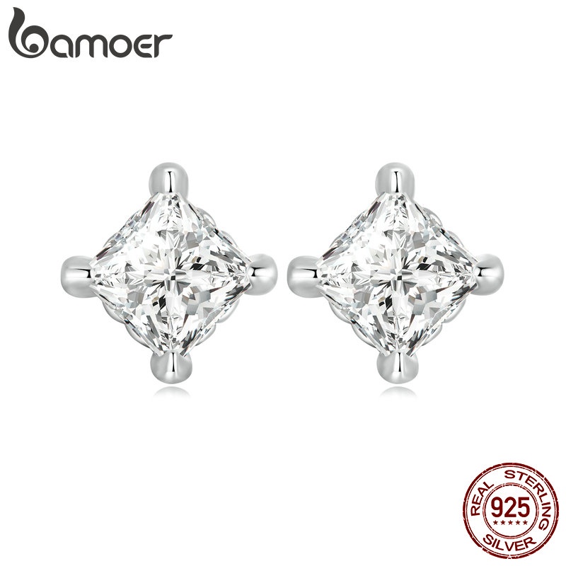 Bông tai BAMOER bằng bạc 925 hình vuông đính đá zircon thời trang
